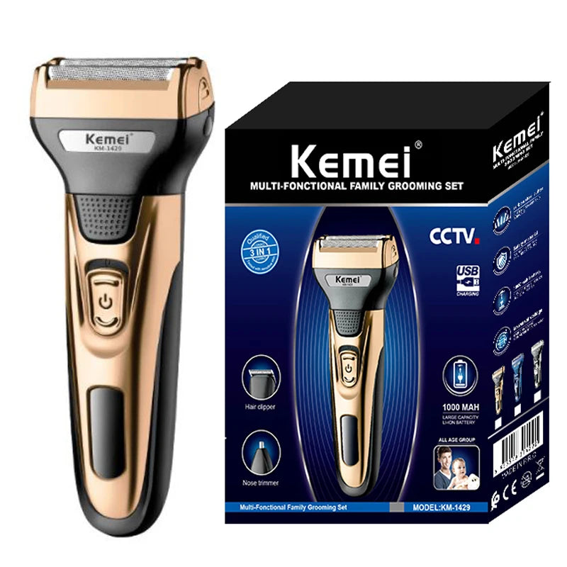 Kemei 3in1 grooming kit electric shaver for men beard hair trimmer body nose ear shaving machine face razor rechargeable