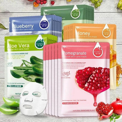 Skin Care Natural Fruit Plant Facial Mask Moisturizing Oil-Control Blueberry Cucumber Pomegranate Fruit Aloe Sheet Face Mask - MarvelouStore