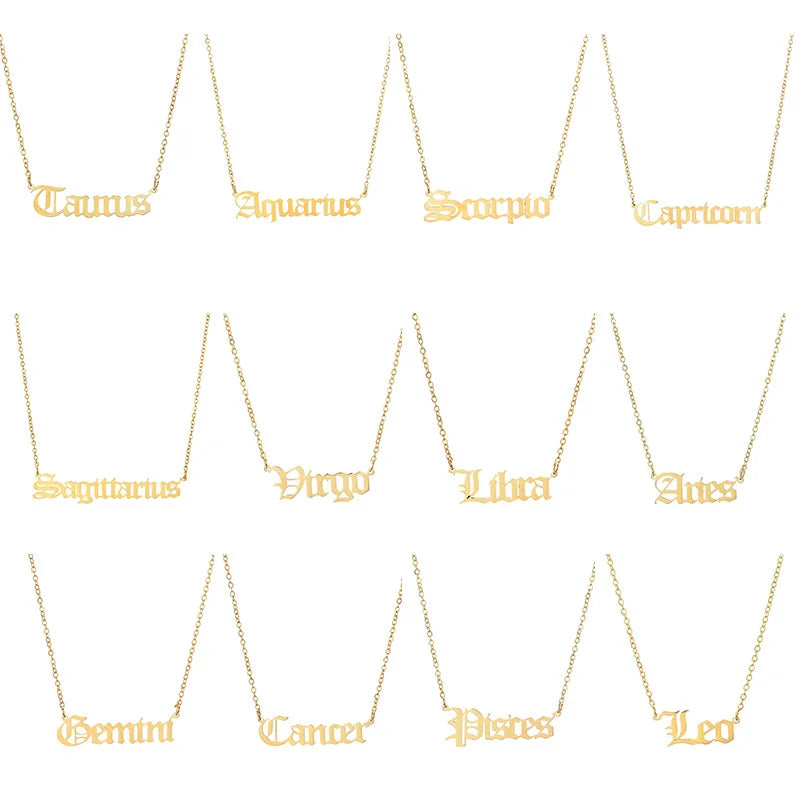 lucky Zodiac Sign Necklace For Women Gold Color Stainless Steel Necklaces Aquarius Pisces Aries Taurus Letter Collier