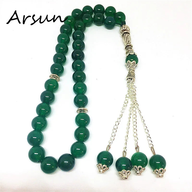 Handmade 8mm Natural Green Agate Stone Round Shape 33 Prayer Beads Muslim Tasbih Allah Mohammed Rosary for women men Bracelet