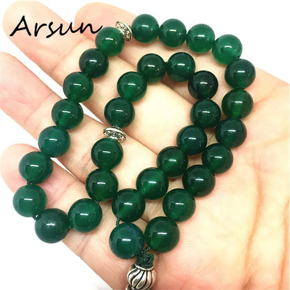 Handmade 8mm Natural Green Agate Stone Round Shape 33 Prayer Beads Muslim Tasbih Allah Mohammed Rosary for women men Bracelet