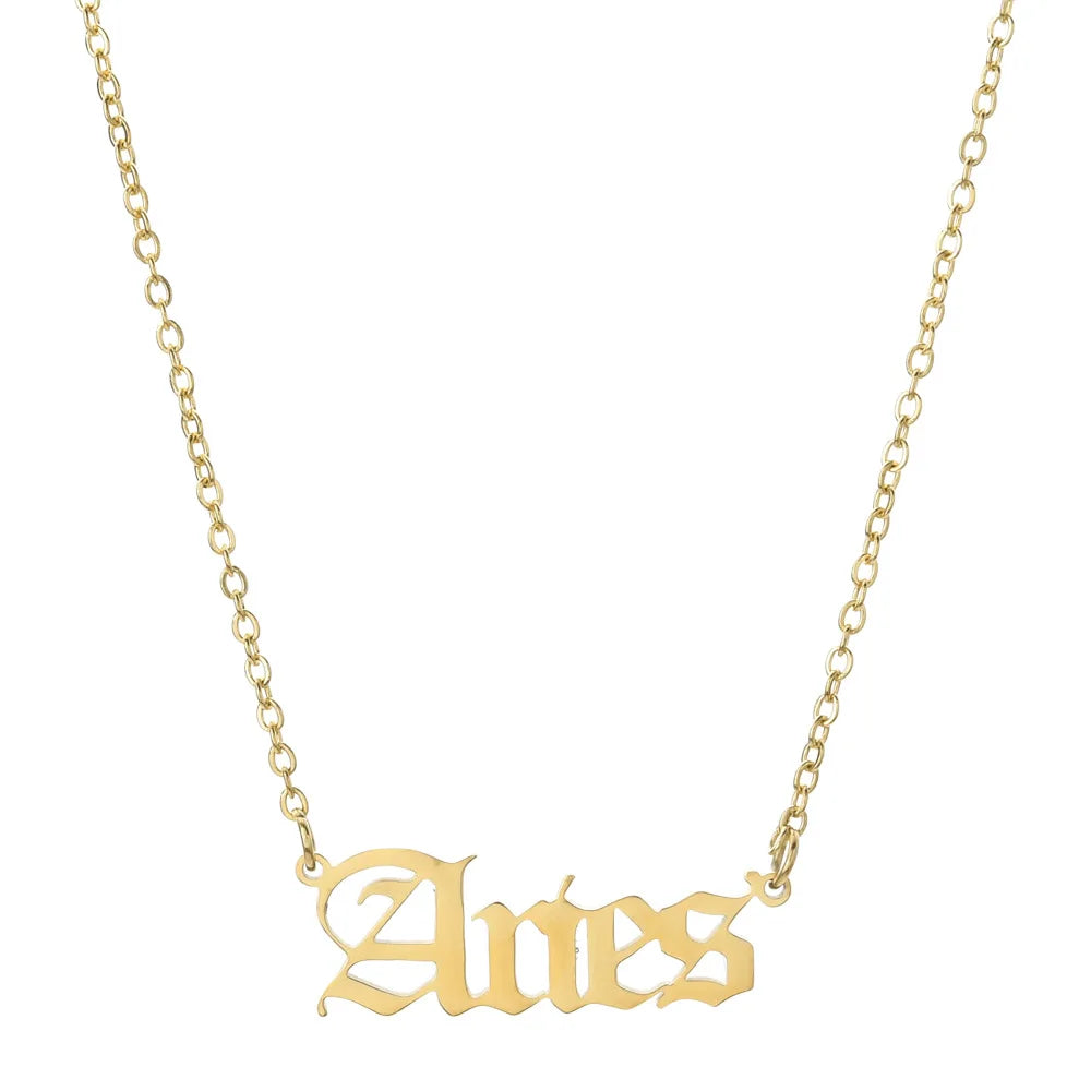 lucky Zodiac Sign Necklace For Women Gold Color Stainless Steel Necklaces Aquarius Pisces Aries Taurus Letter Collier