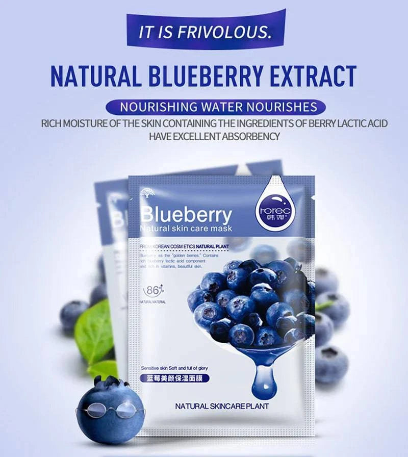 Skin Care Natural Fruit Plant Facial Mask Moisturizing Oil-Control Blueberry Cucumber Pomegranate Fruit Aloe Sheet Face Mask - MarvelouStore