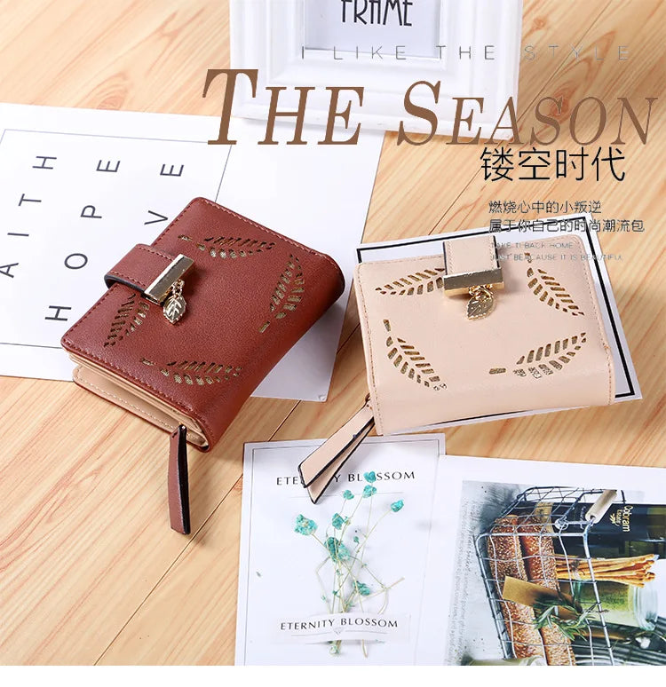 Fashion Women's Purse Short Zipper Wallet Women Leather 2024 Luxury Brand Small Women Wallets Clutch Bag With Hollow Out Leaves