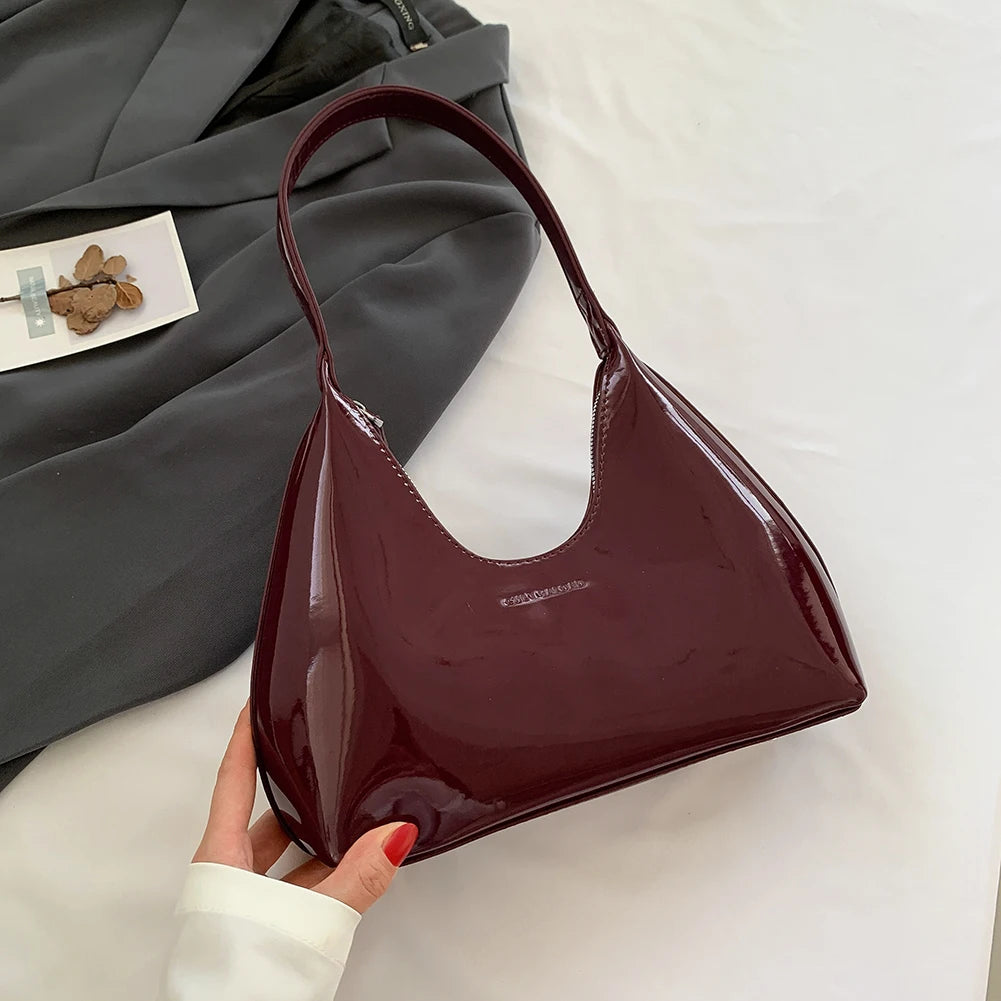 Designer Retro Wine Red Shoulder Bags for Women's Patent Leather Fashion Crescent Bag 2024 New French Small Handbag Ladies Totes