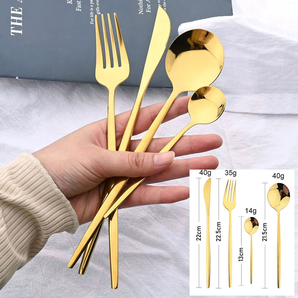 24Pcs Black Handle Golden Cutlery Set Stainless Steel Knife Fork Spoon Tableware Flatware Set Festival Kitchen Dinnerware Gift