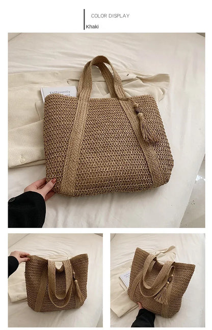 Elegant Ladies Straw Woven Handbag Women Holiday Beach Commute Casual Tote Top-Handle Bags Fashion Retro Shoulder Bags 2024