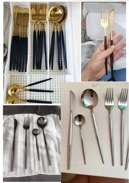 24Pcs Black Handle Golden Cutlery Set Stainless Steel Knife Fork Spoon Tableware Flatware Set Festival Kitchen Dinnerware Gift