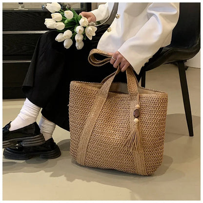 Elegant Ladies Straw Woven Handbag Women Holiday Beach Commute Casual Tote Top-Handle Bags Fashion Retro Shoulder Bags 2024