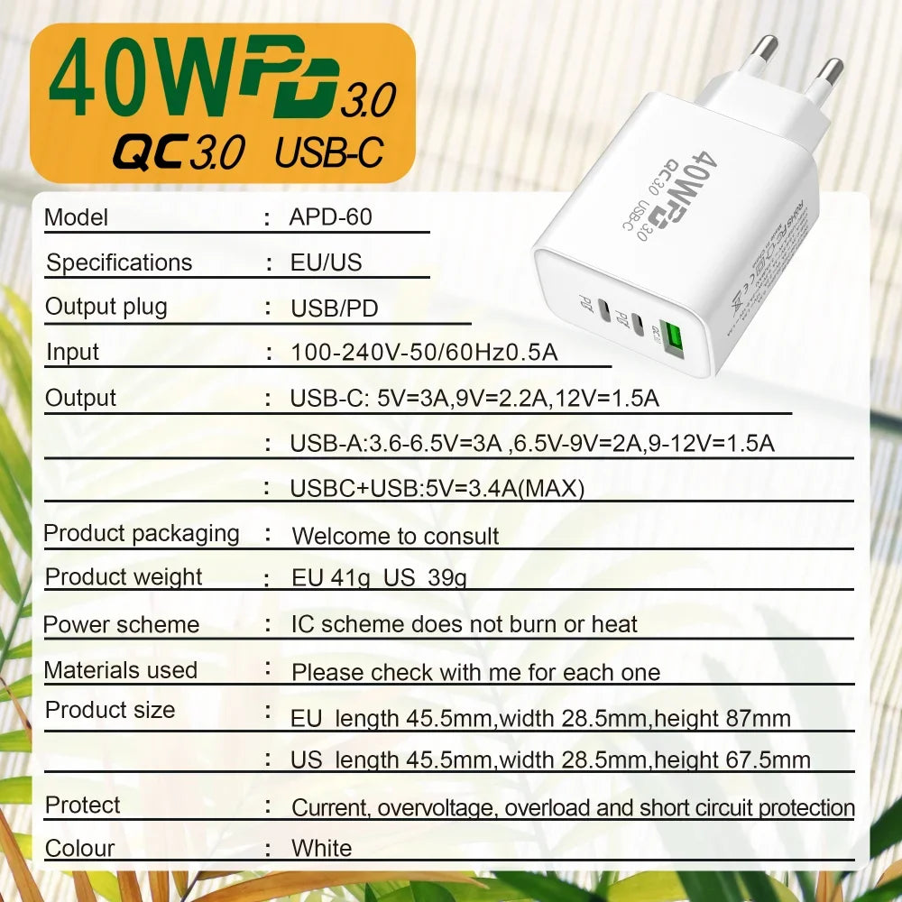 USB C Charger 40W Mobile Phone Type-C PD Fast Charging High Speed Quick Charge 3.0 Wall Charger Multiple Ports for iPhone Xiaomi