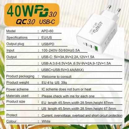 USB C Charger 40W Mobile Phone Type-C PD Fast Charging High Speed Quick Charge 3.0 Wall Charger Multiple Ports for iPhone Xiaomi