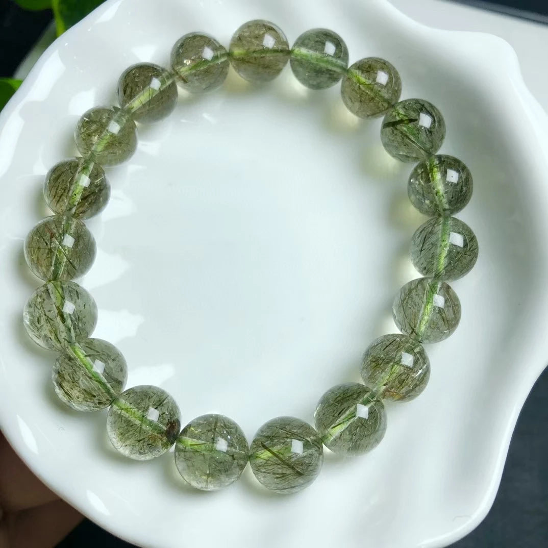 Natural Green Rutilated Quartz Tourmilated Bead Bracelet Brazil Clear Round Women Men 8mm 9mm 10mm 11mm 12mm Stone AAAAA