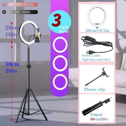 10" LED Selfie Ring Light  Circle Fill Light Dimmable Round Lamp Tripod Trepied Makeup Photography RingLight Phone Stand Holder