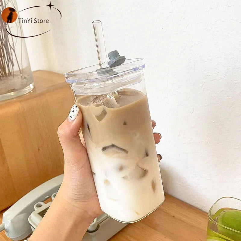 Square Heat Resistant Transparent Tulip Glass Cup with Lip and Straw  Milk Tea Coffee Cup Mugs Home Bar Drinkware Couple Gifts