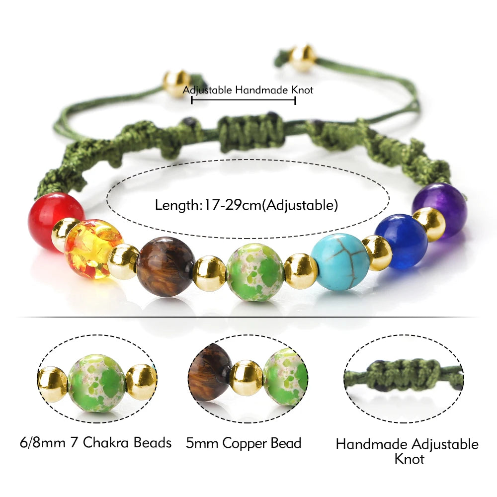 Reiki 7 Chakra Bracelet Natural Stone Rope Braided Yoga Healing Gold Color Copper Beads Bracelets & Bangles Meditation Jewelry