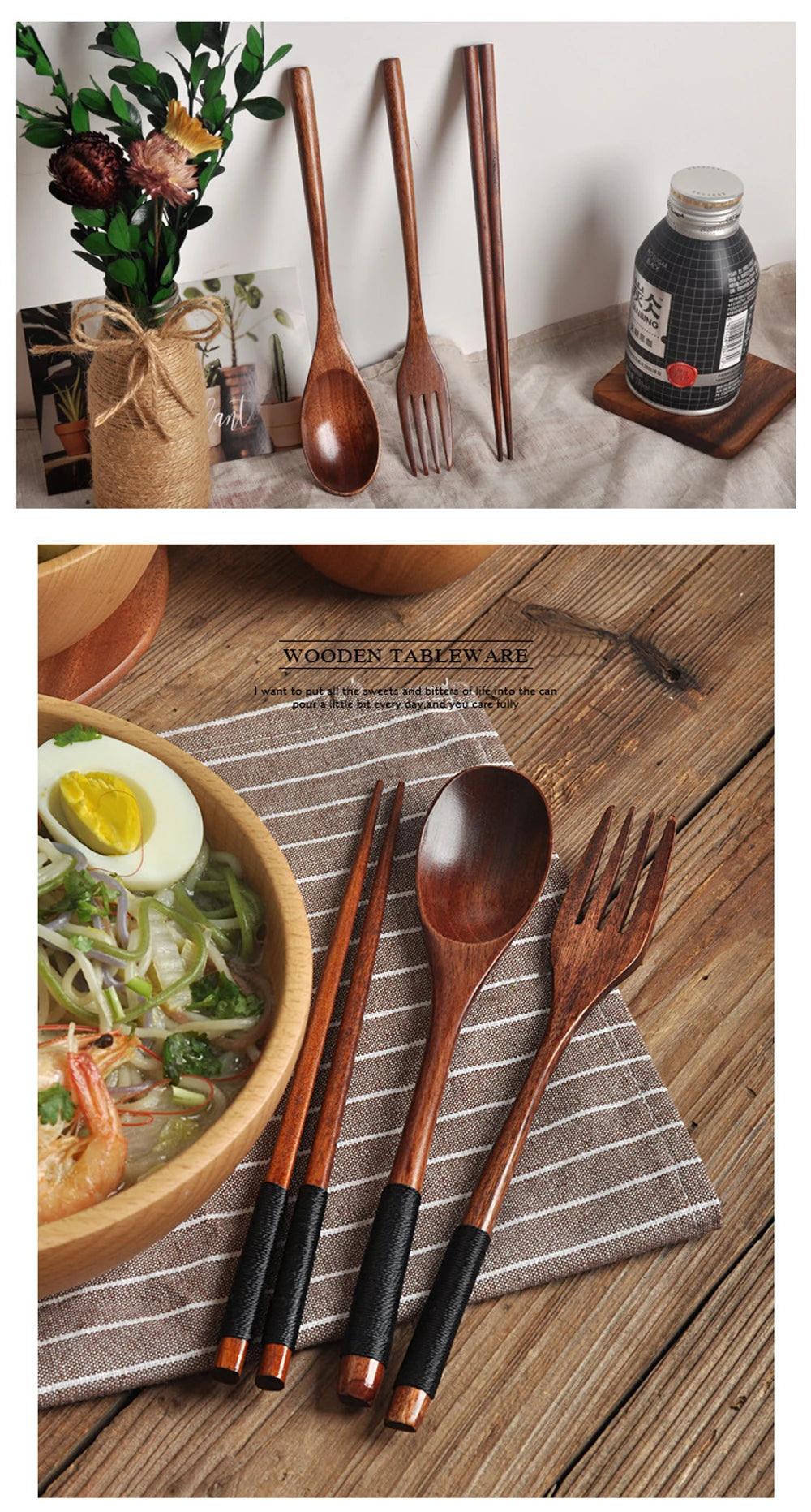 3 Pieces Tableware Natural Wood Dinnerware Spoon Chopsticks Fork Dinner Portable Tableware Grain Household Kitchen Cutlery Set