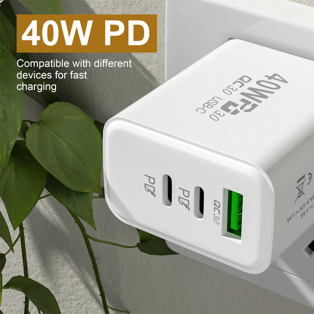 USB C Charger 40W Mobile Phone Type-C PD Fast Charging High Speed Quick Charge 3.0 Wall Charger Multiple Ports for iPhone Xiaomi