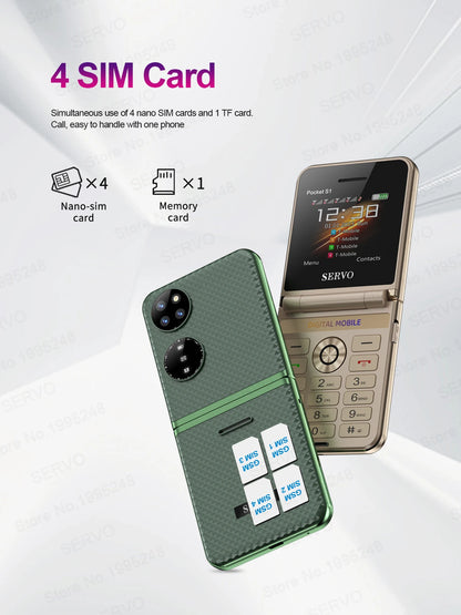 SERVO Pocket S1 New Style Flip Mobile Phone 4 SIM Cards 2G GSM 2.4'' Screen Torch Auto Call Record Magic Voice Fold Phone Gifts