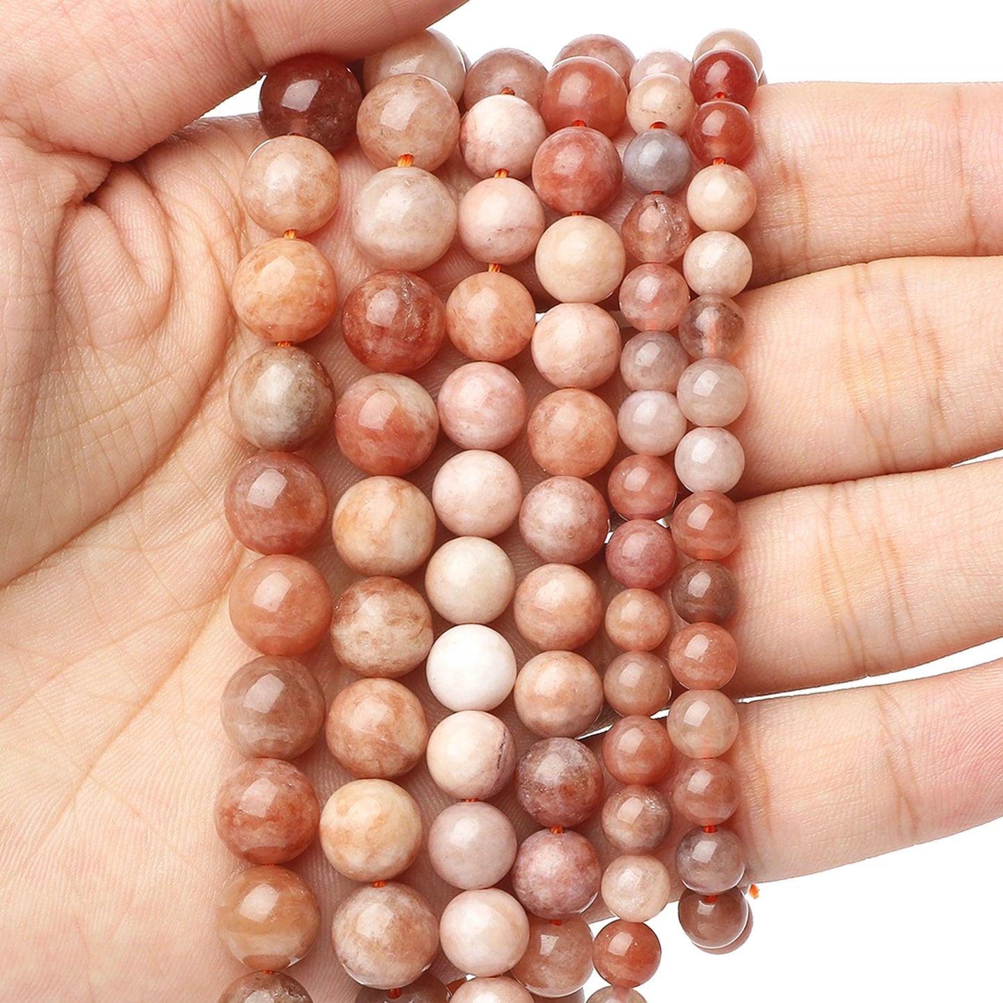 6/8/10mm AA Natural Stone Sunstone Bead Pink Smooth Round Loose Spacer Beads for Jewelry Making Supplier DIY Charm Bracelet 15''