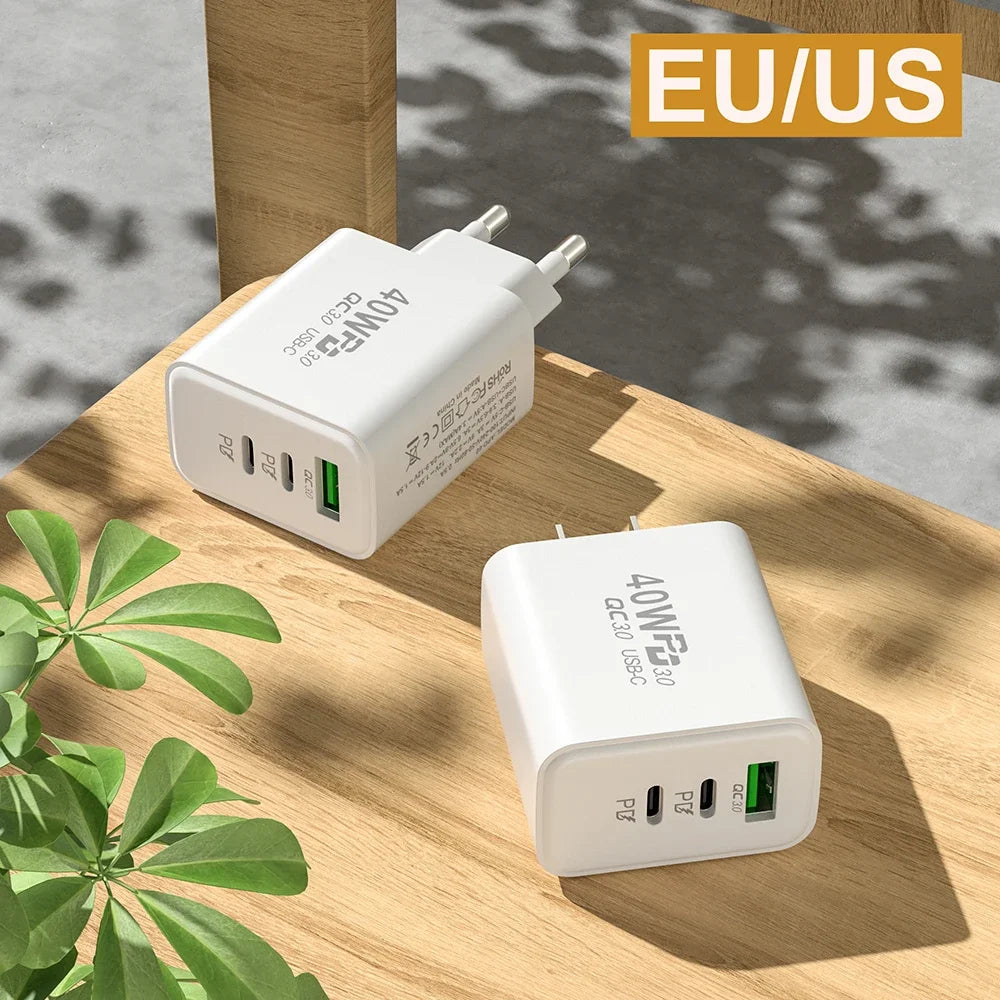 USB C Charger 40W Mobile Phone Type-C PD Fast Charging High Speed Quick Charge 3.0 Wall Charger Multiple Ports for iPhone Xiaomi