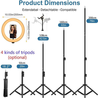 10" LED Selfie Ring Light  Circle Fill Light Dimmable Round Lamp Tripod Trepied Makeup Photography RingLight Phone Stand Holder