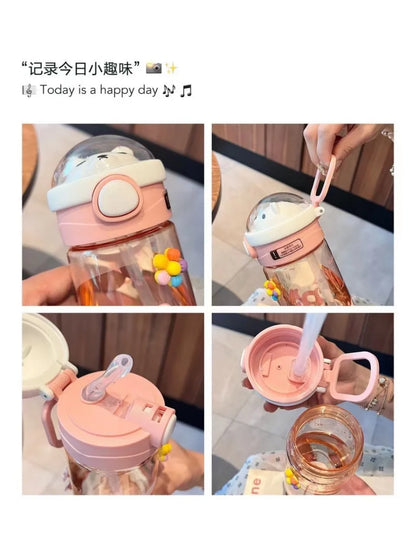 550/650ml Cute Water Bottle for Girls with Lid Straw Sticker Plastic Juice Milk Portable Kawaii Tumbler Children's Drinkware