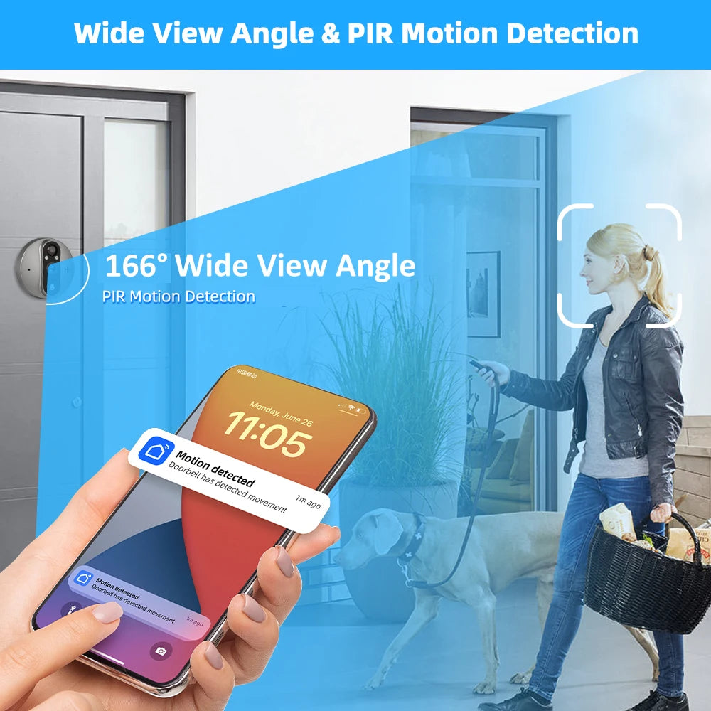 3MP Smart Life Tuya 1080P WiFi Door Bell Eye Peephole Camera 5000mAh Battery PIR Motion Detector IR Alexa Google Digital Viewer