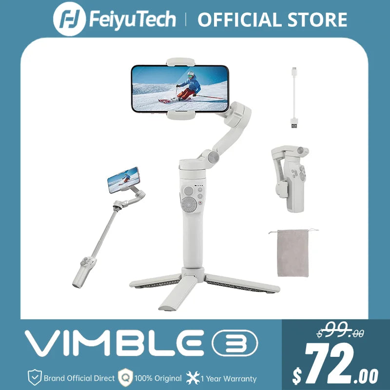 FeiyuTech Official Vimble 3 Built-In Extension Rod 3-Axis Smartphone Handheld Gimbal and Foldable for iPhone15 Pro Max/Samsung