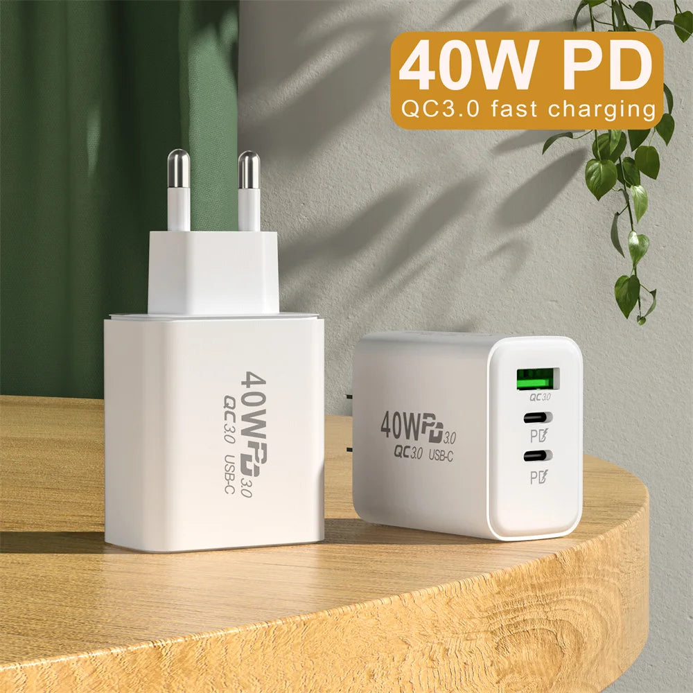 USB C Charger 40W Mobile Phone Type-C PD Fast Charging High Speed Quick Charge 3.0 Wall Charger Multiple Ports for iPhone Xiaomi