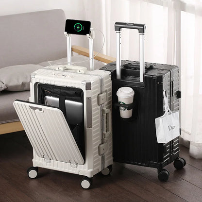 High Quality Suitcase Front Opening Luggage USB Phone Stand Aluminum Frame Rolling Trolley 20"26" Carry-on Suitcases Travel Bags