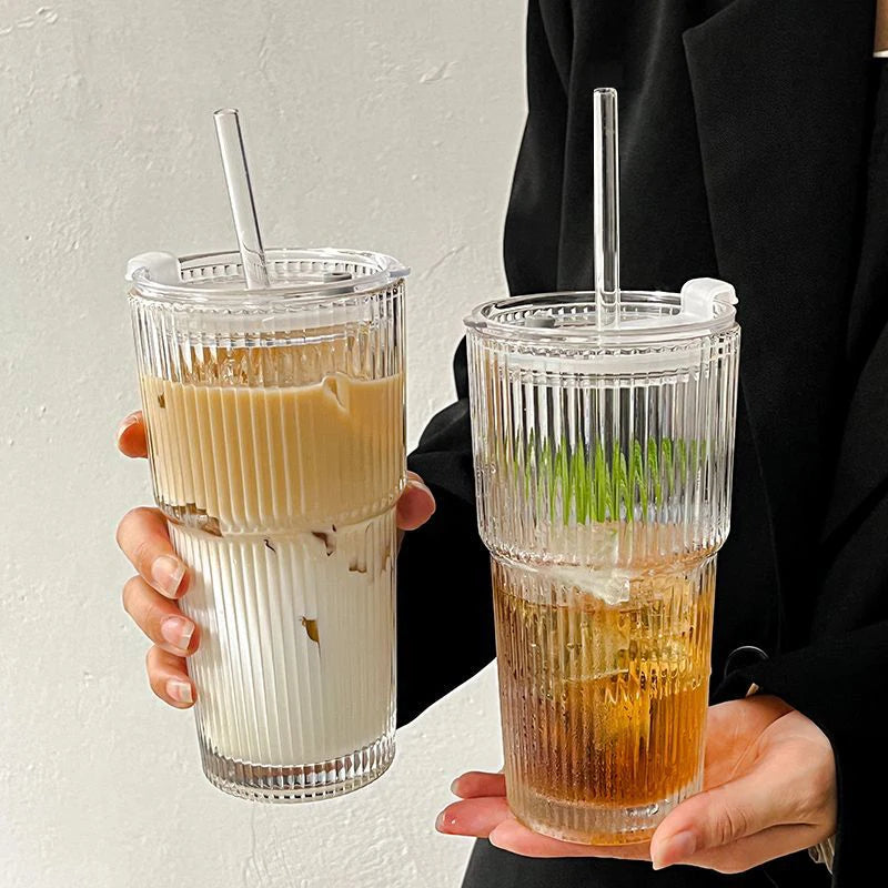 450ml Stripe Coffee Glass Cup With Lid and Straw Transparent Glasses Tea Cup Juice Glass Milk Mocha Cups Breakfast Mug Drinkware