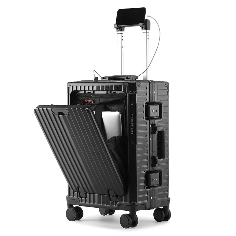 High Quality Suitcase Front Opening Luggage USB Phone Stand Aluminum Frame Rolling Trolley 20"26" Carry-on Suitcases Travel Bags