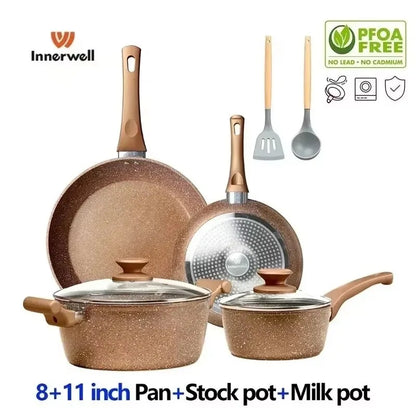 Innerwell 8Pcs Kitchen Frying Pan Stockpot Milk Pot Sets with Glass Lid Nonstick Toxin Free Stone Cookware Compatible All Stoves