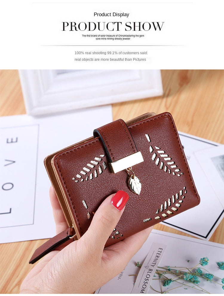 Fashion Women's Purse Short Zipper Wallet Women Leather 2024 Luxury Brand Small Women Wallets Clutch Bag With Hollow Out Leaves