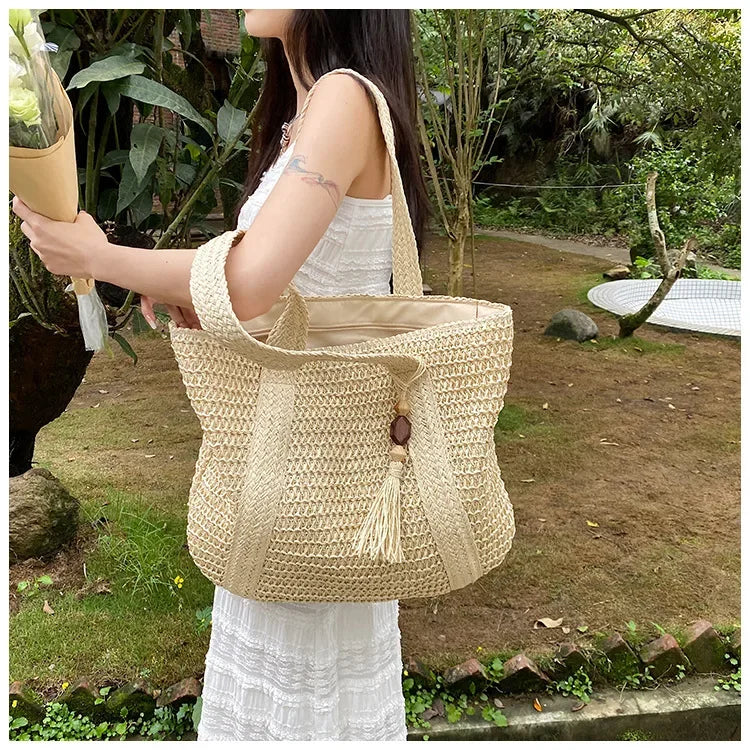 Elegant Ladies Straw Woven Handbag Women Holiday Beach Commute Casual Tote Top-Handle Bags Fashion Retro Shoulder Bags 2024