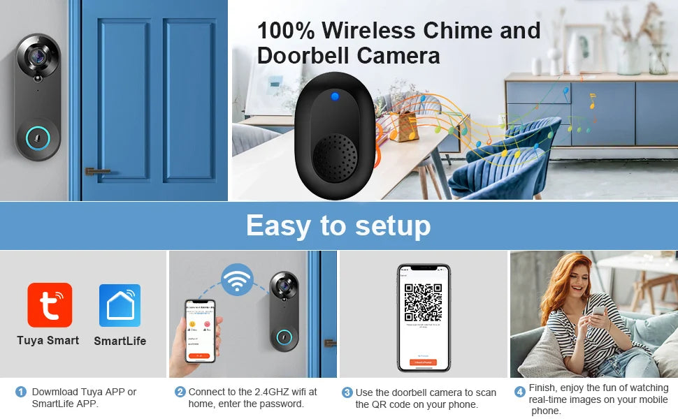 1080P Wireless WIFI Doorbell Video Intercom Door Bell with Camera Tuya Smart Home for Security Protection PIR Motion Detection