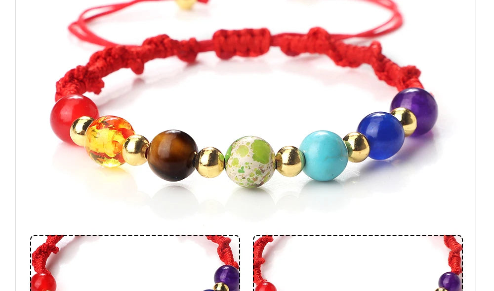 Reiki 7 Chakra Bracelet Natural Stone Rope Braided Yoga Healing Gold Color Copper Beads Bracelets & Bangles Meditation Jewelry