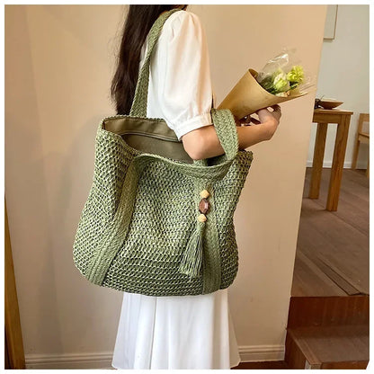 Elegant Ladies Straw Woven Handbag Women Holiday Beach Commute Casual Tote Top-Handle Bags Fashion Retro Shoulder Bags 2024