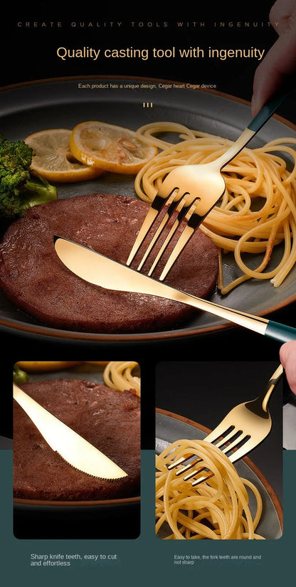 24pcs Gold Dinnerware Set Stainless Steel Steak Knife Fork Coffee Spoon Teaspoon Flatware Dishwasher Safe Kitchen Tablewar