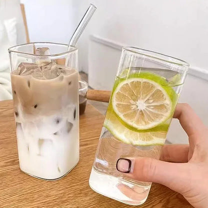 Square Coffee Glass Cup With Lid and Straw Transparent glasses Milk Tea Juice Cups ice Mug For  Drinkware