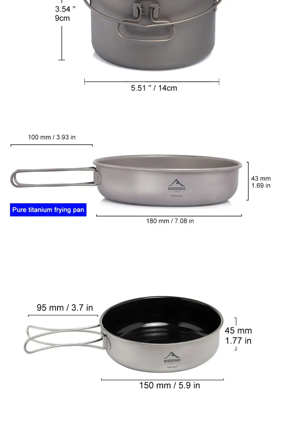 Widesea Camping Tableware Titanium Cookware Set Tourism Cauldron Outdoor Cooking Pot Frying Pan Picnic Kitchen Hiking Trekking