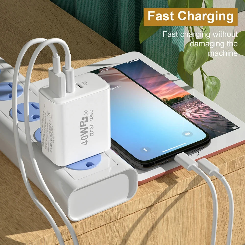 USB C Charger 40W Mobile Phone Type-C PD Fast Charging High Speed Quick Charge 3.0 Wall Charger Multiple Ports for iPhone Xiaomi