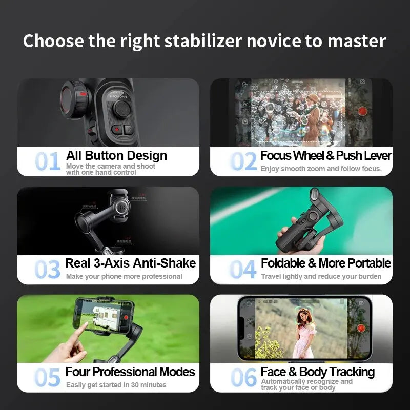 3-Axis Gimbal Stabilizer for Smartphone Foldable Handheld Phone Video Record Vlog Anti-Shake Stabilizer PTZ for iPhone Android