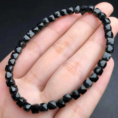 1 Pc Fengbaowu Natural Black Tourmaline Bracelet Faceted Cube Beads Reiki Healing Stone 925 Sterling Silver Jewelry Gift Women