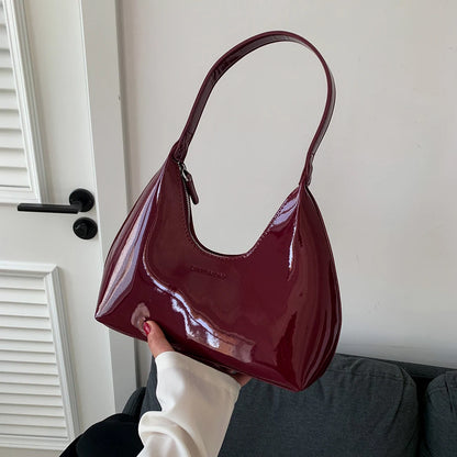 Designer Retro Wine Red Shoulder Bags for Women's Patent Leather Fashion Crescent Bag 2024 New French Small Handbag Ladies Totes