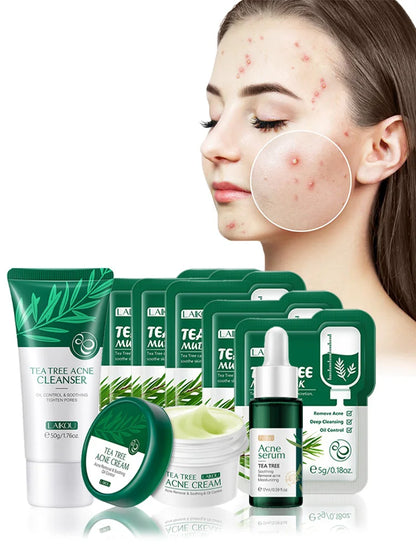 LAIKOU Tea Tree Anti-Acne Skin Care Set Acne Treatment Oil-Control Moisturizing Cleanser&Cream&Serum&Mud Mask Whiten Skin Care