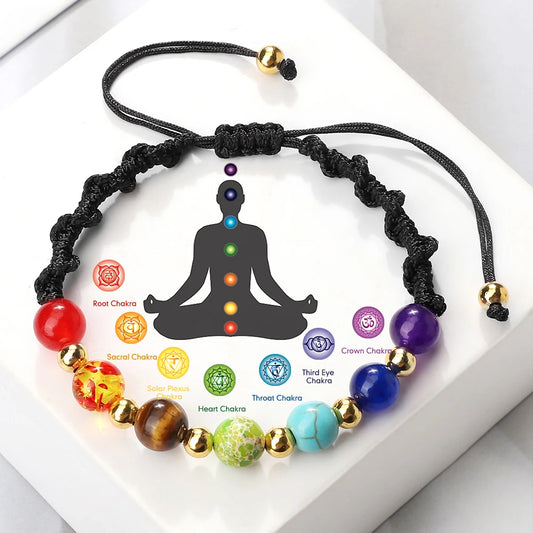 Reiki 7 Chakra Bracelet Natural Stone Rope Braided Yoga Healing Gold Color Copper Beads Bracelets & Bangles Meditation Jewelry