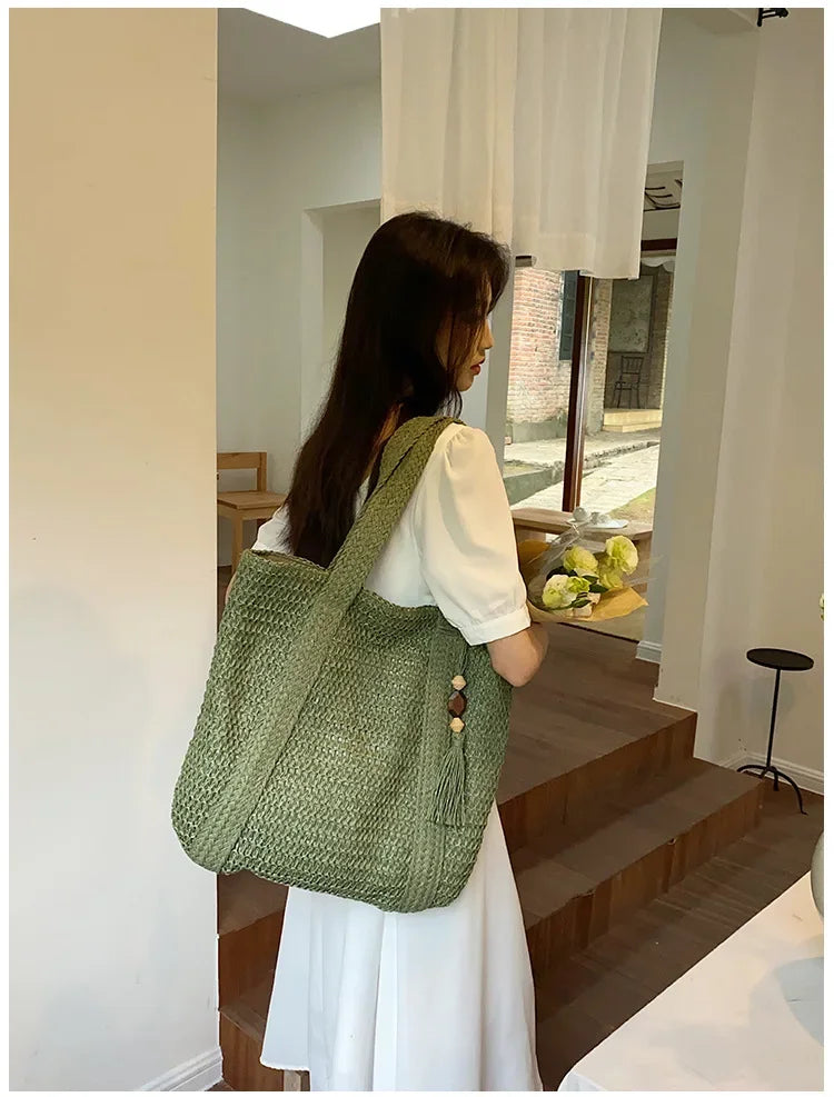 Elegant Ladies Straw Woven Handbag Women Holiday Beach Commute Casual Tote Top-Handle Bags Fashion Retro Shoulder Bags 2024