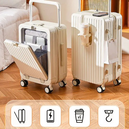 Front Laptop Pocket Suitcase Travel Suitcase 20''Carry-On Luggage Women PC Trolley Case With USB Port & Water Cup Holder