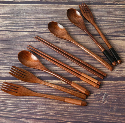 3 Pieces Tableware Natural Wood Dinnerware Spoon Chopsticks Fork Dinner Portable Tableware Grain Household Kitchen Cutlery Set